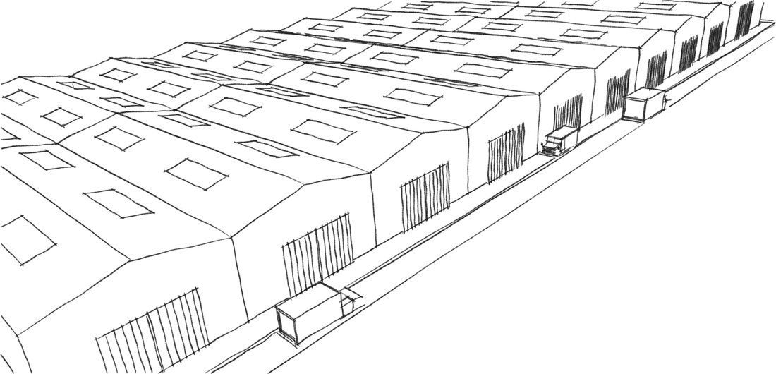 Boceto de un conjunto de naves industriales